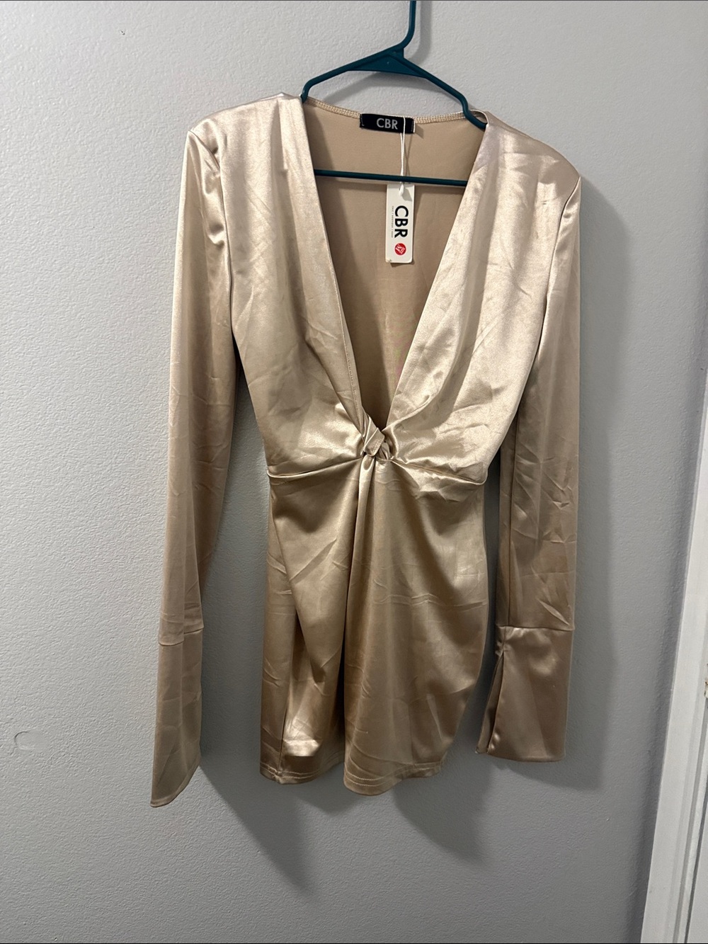 CBR Champagne Satin Plunge Long Sleeve Mini Dress